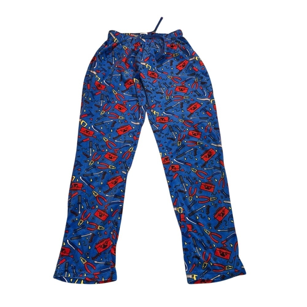 Blue Tools Mechanic Carpenter Fleece Lounge Pants Red Yellow Pattern Mens Small